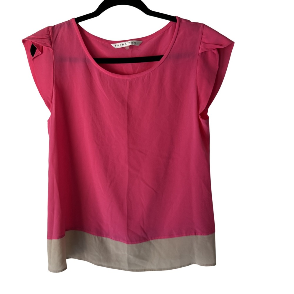 Trina Turk Shirt Womens Medium Pink Beige Silk Blouse Top Coquette Preppy